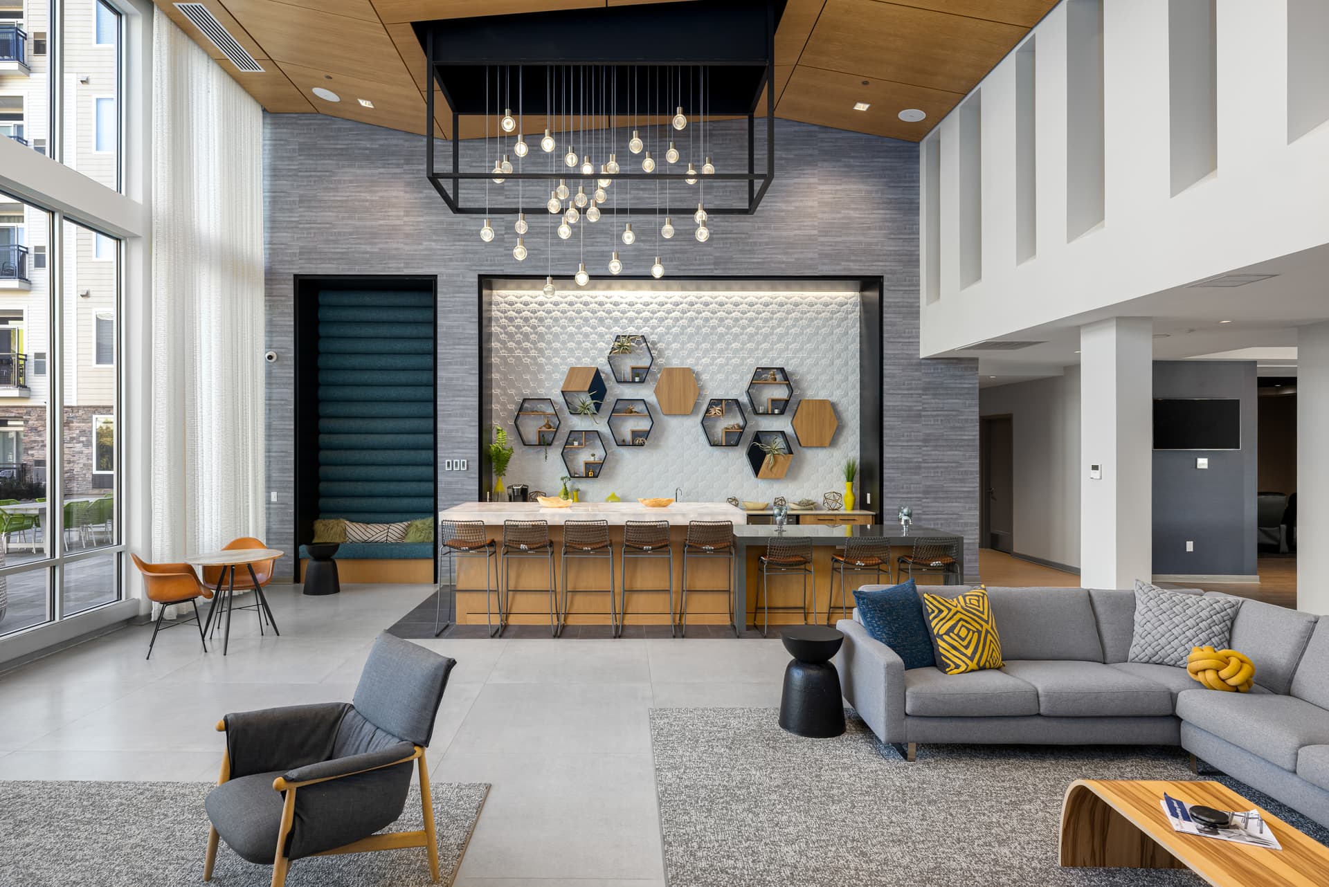 Corporate lobby and lounge with a double-height ceiling