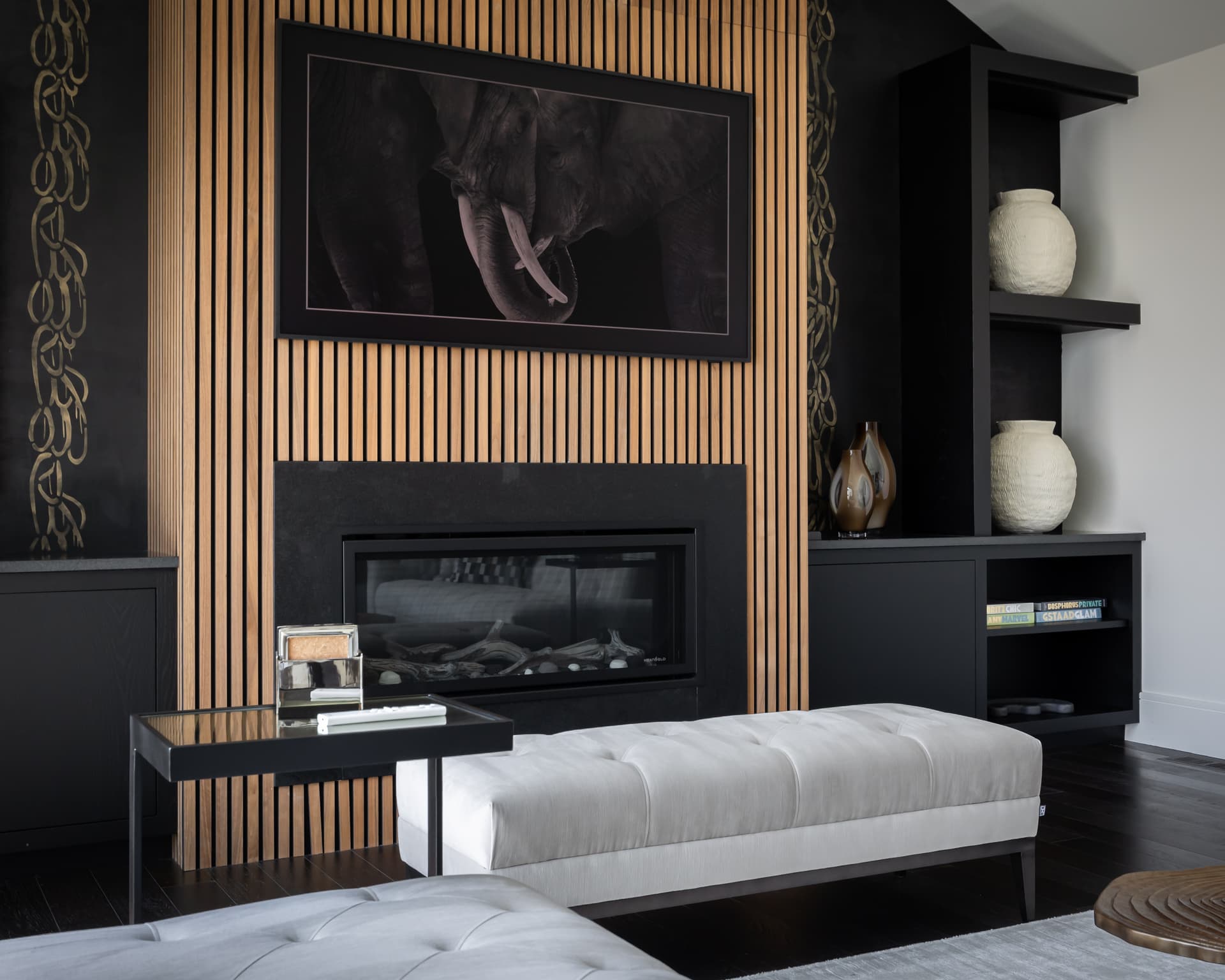 Living room with a fireplace and built-ins