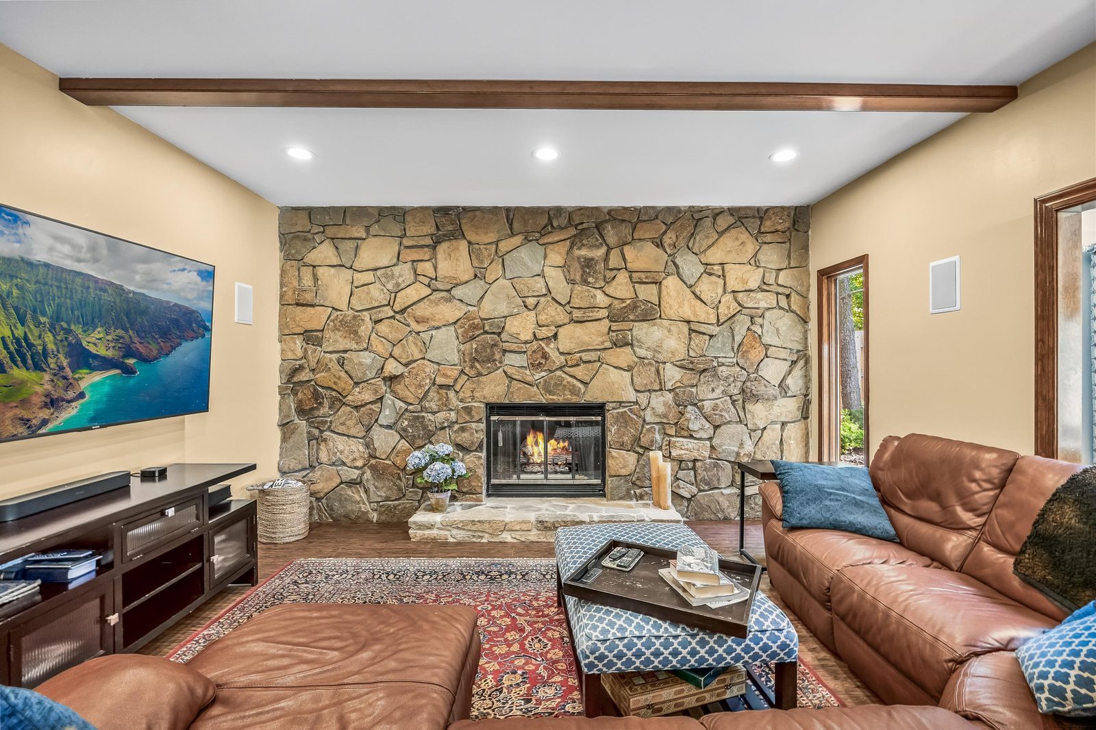 Living room with stone fireplace, Cherry Hill NJ
