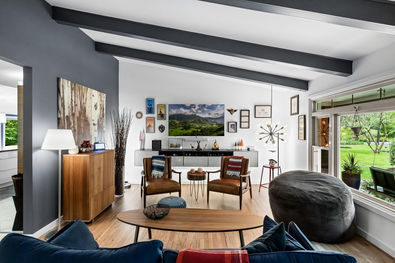 Modern living room with exposed beams, Medford NJ