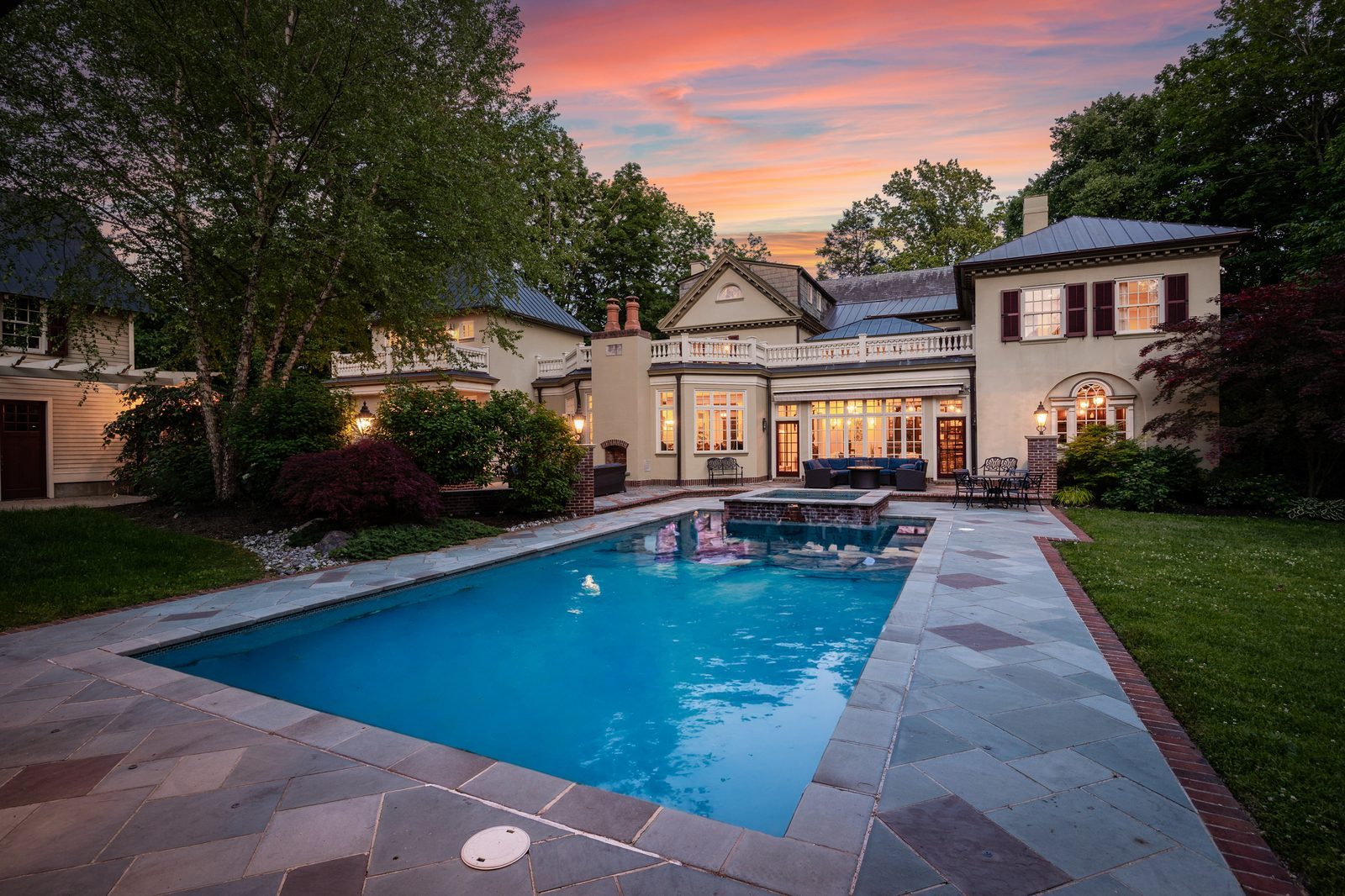 Twilight exterior with pool, South Jersey